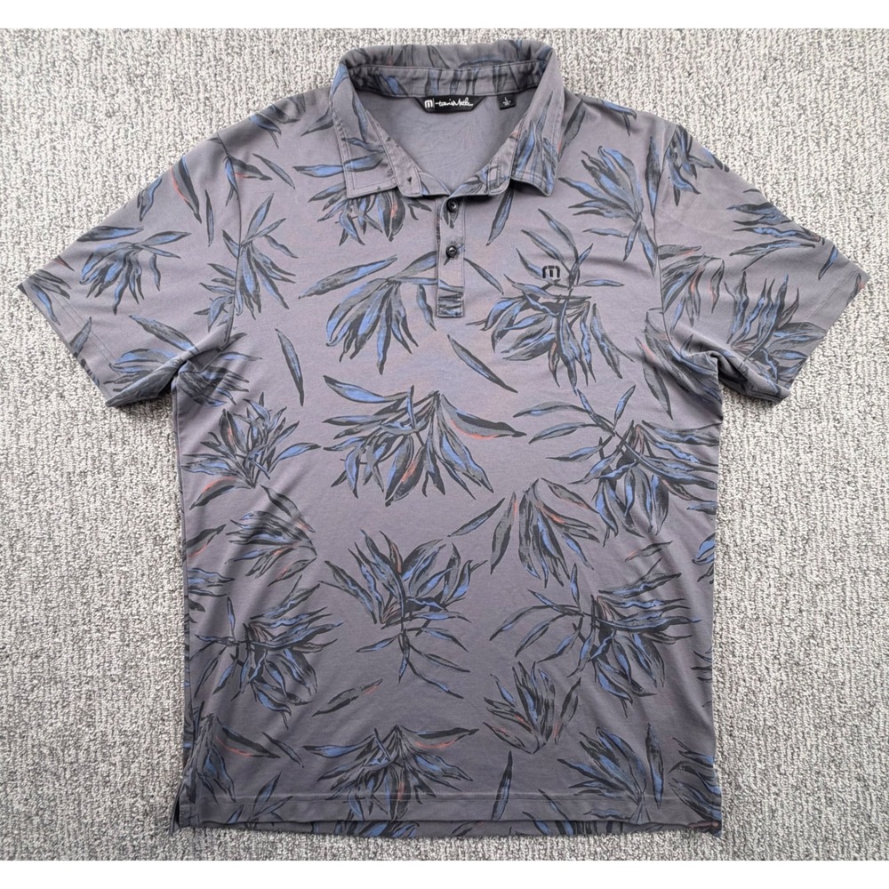 Travis Mathew Polo Shirt Mens L Grey Blue Tropical Leaf Print Pima Blend